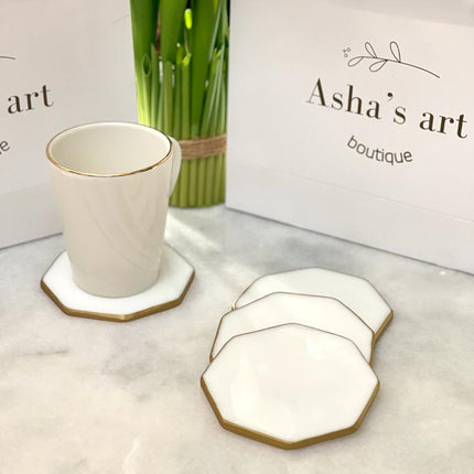 asha's Set of 4 octagon coasters/ white and gold