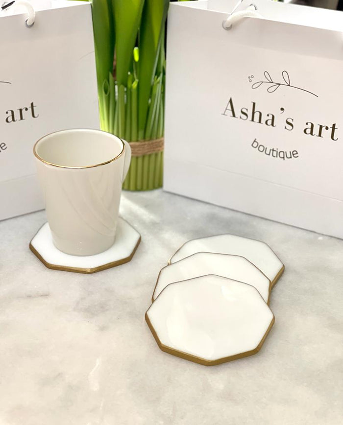 asha's Set of 4 octagon coasters/ white and gold