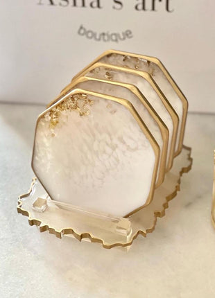asha's Set of 4 Resin Coasters with Stand, White, Beige with Touch of Gold