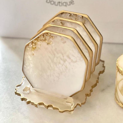 asha's Set of 4 Resin Coasters with Stand, White, Beige with Touch of Gold