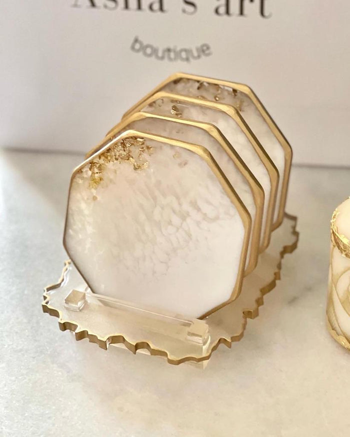 asha's Set of 4 Resin Coasters with Stand, White, Beige with Touch of Gold