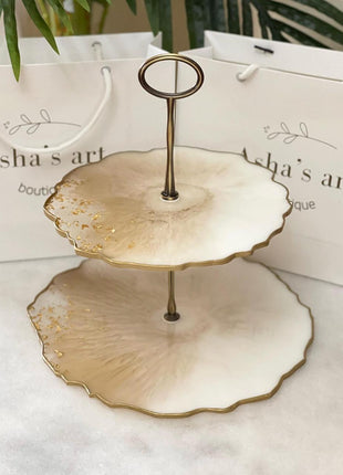 Asha’s Resin 2 Tier Cake Stand Off White with Gold Flakes Bottom 25 cm & Top 20 cm